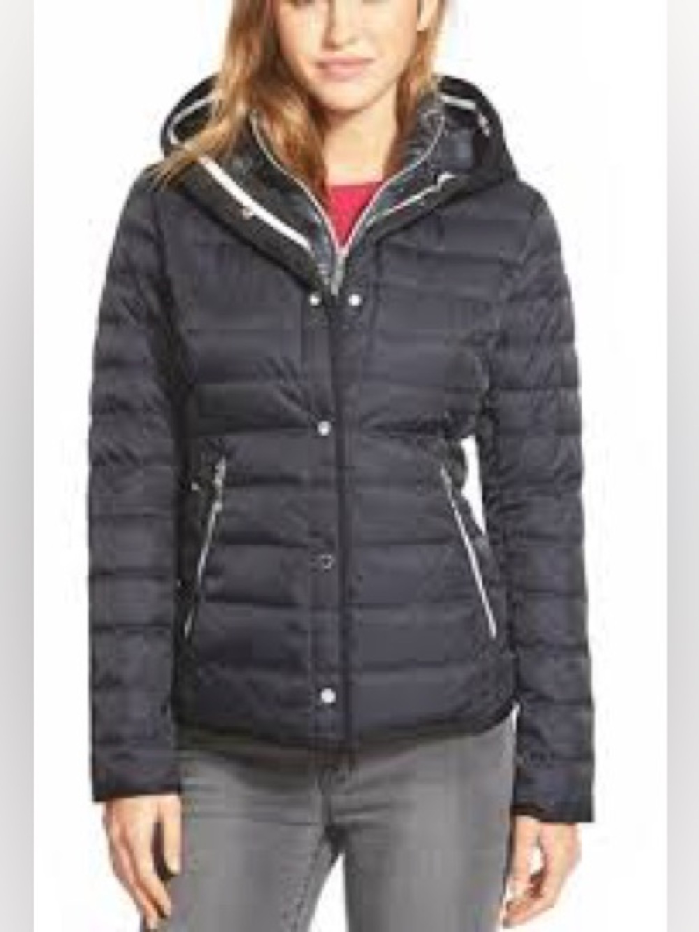 Vince Camuto Down Hooded Puffer Jacket Womens Small Midnight Blue/Gray Wool Trim